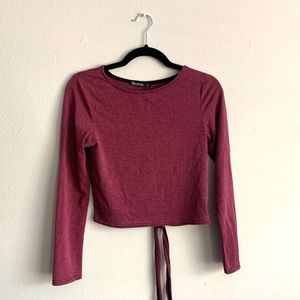 Raspberry Backless Tie Back Long Sleeve Crop Top